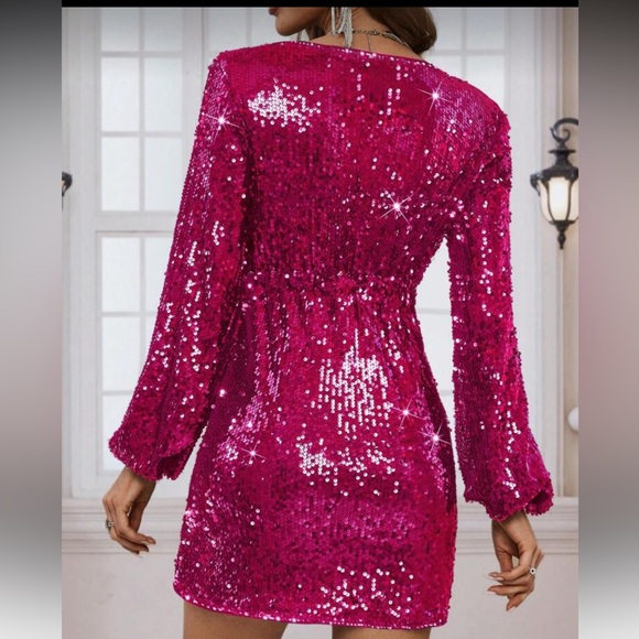 Luxe Hot Pink Sequin Long Sleeve High Waisted Party Evening Dress - Picture 2 of 4